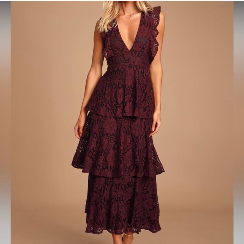 Lulu's Molinetto Lace Ruffled Tiered Sleeveless Maxi Dress in Burgundy, Size S